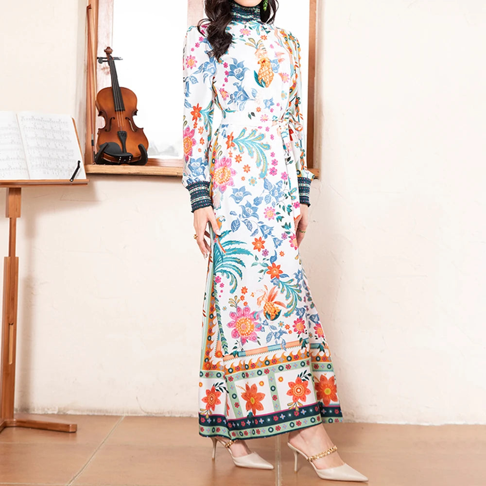 Rafiah Summer Arabian Dress 2025 Cultural Intricate Full Print Long Sleeve High Neck Midi A-Line Long Dress For Women
