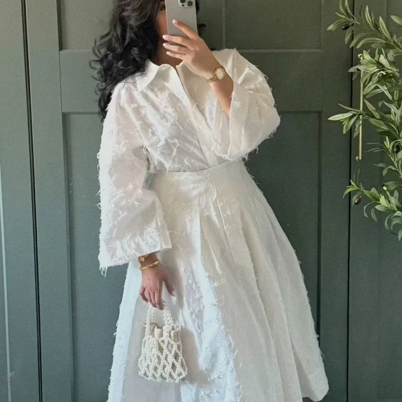 Street Shirt & Skirt Set – Women’s Turn-Down Collar Button Top with High Waist Pleated Skirt – Spring/Summer 2025