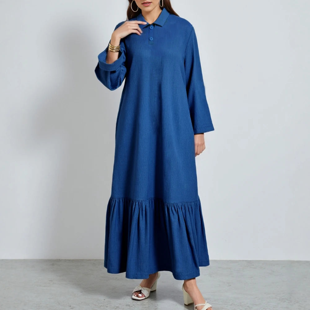 Rafiah Women's Summer Dress Simple Decent Plain Ruffle Long Sleeve Shirt Collar Midi Shirt Dresses Casual Arabian Dress