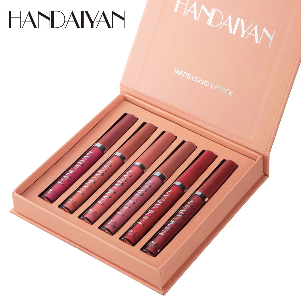 HANDAIYAN 6 Shade Lipstick Set Matte Finish Liquid Lip Gloss Waterproof Long Lasting No Smudge Vegan Beauty