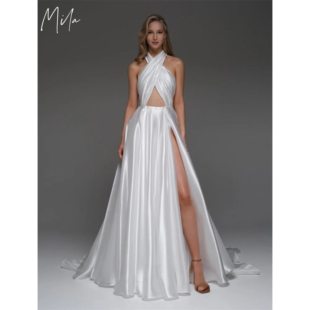 Mila Halter Neck A-Line Backless Wedding Dresses 2025 Side High Split Chic Evening Dresses Floor-Length Customized Party Dresses
