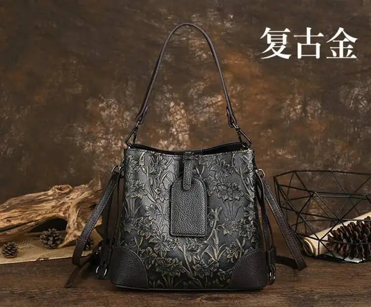 MOTAORA Retro Embossed Genuine Leather Women Shoulder Bucket Bag Luxury Cowhide Handbag Female New Large Capacity Crossbody Bags