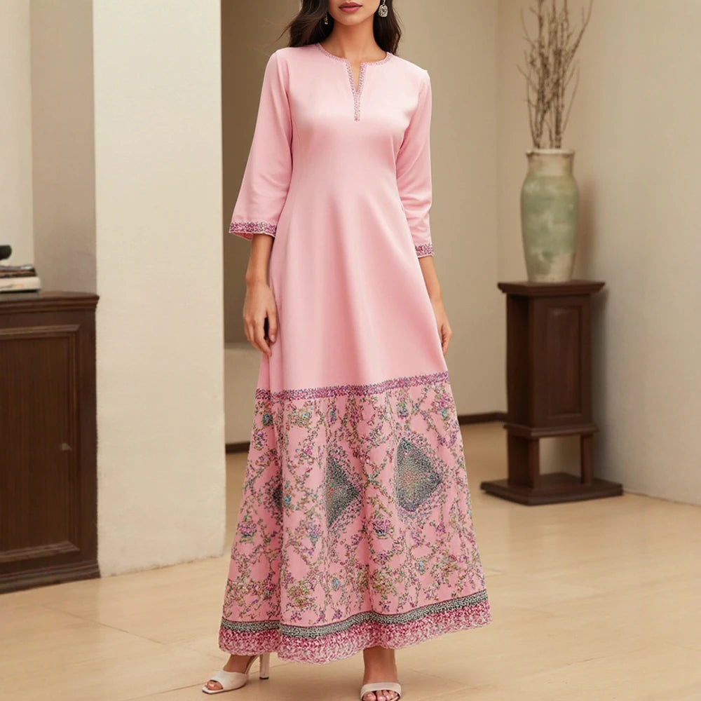 Rafiah Women's Dresses Summer Elegant Decent 2025 Cultural Print Long Sleeve V-Neck Midi A Line Casual Long Dress