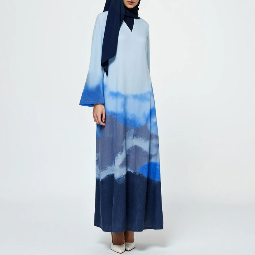 Rafiah Autumn Arabian Long Dress 2025 Chic Casual Gradient Long Sleeve V-Neck Midi A-Line Shift Dresses For Women