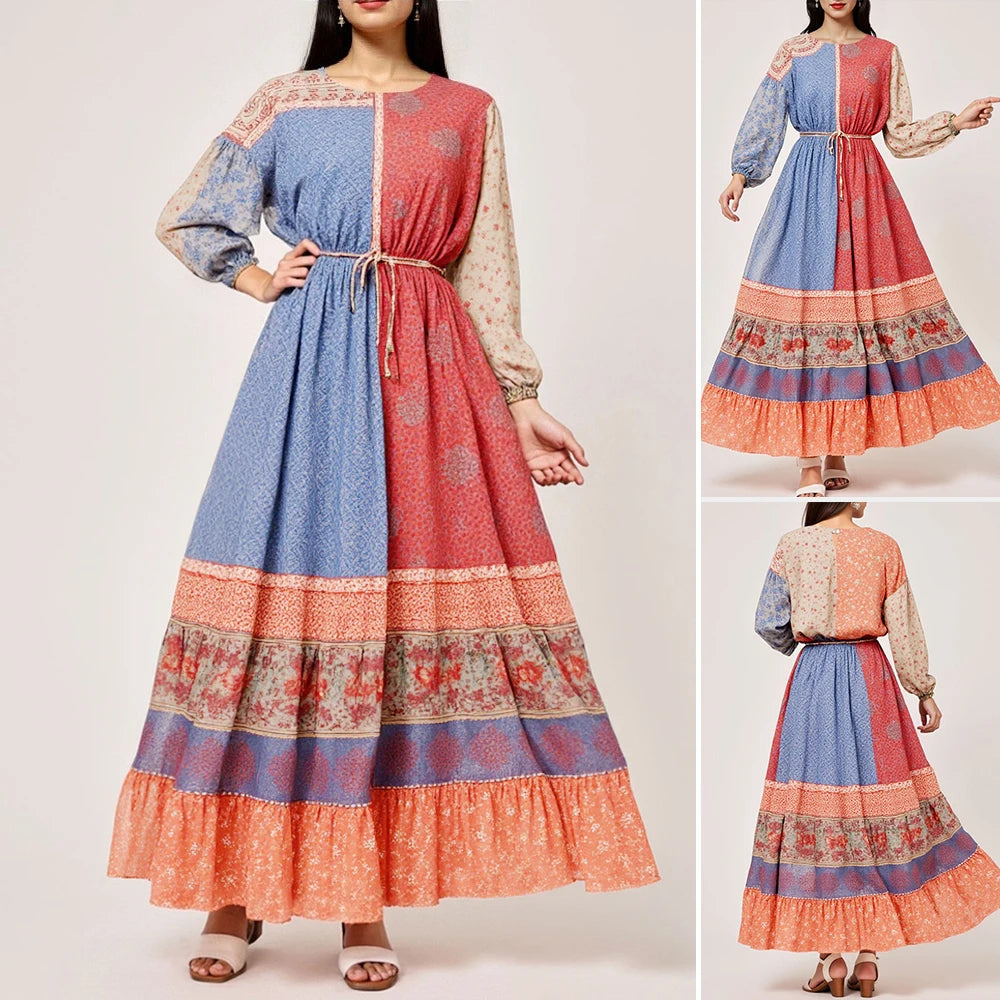 Rafiah Women's Dresses Summer Elegant 2025 Contrast Color Cultural Print Long Sleeve Round Neck A-Line Midi Vacation Long Dress