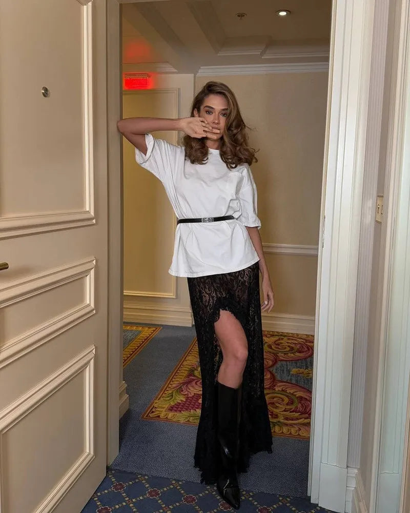 Shestyle Lace Transparent Long Skirts for Women Asymmetrical Floral Ruffles Summer 2025 Nre Stylish Outfits Holiday Slit Elegant