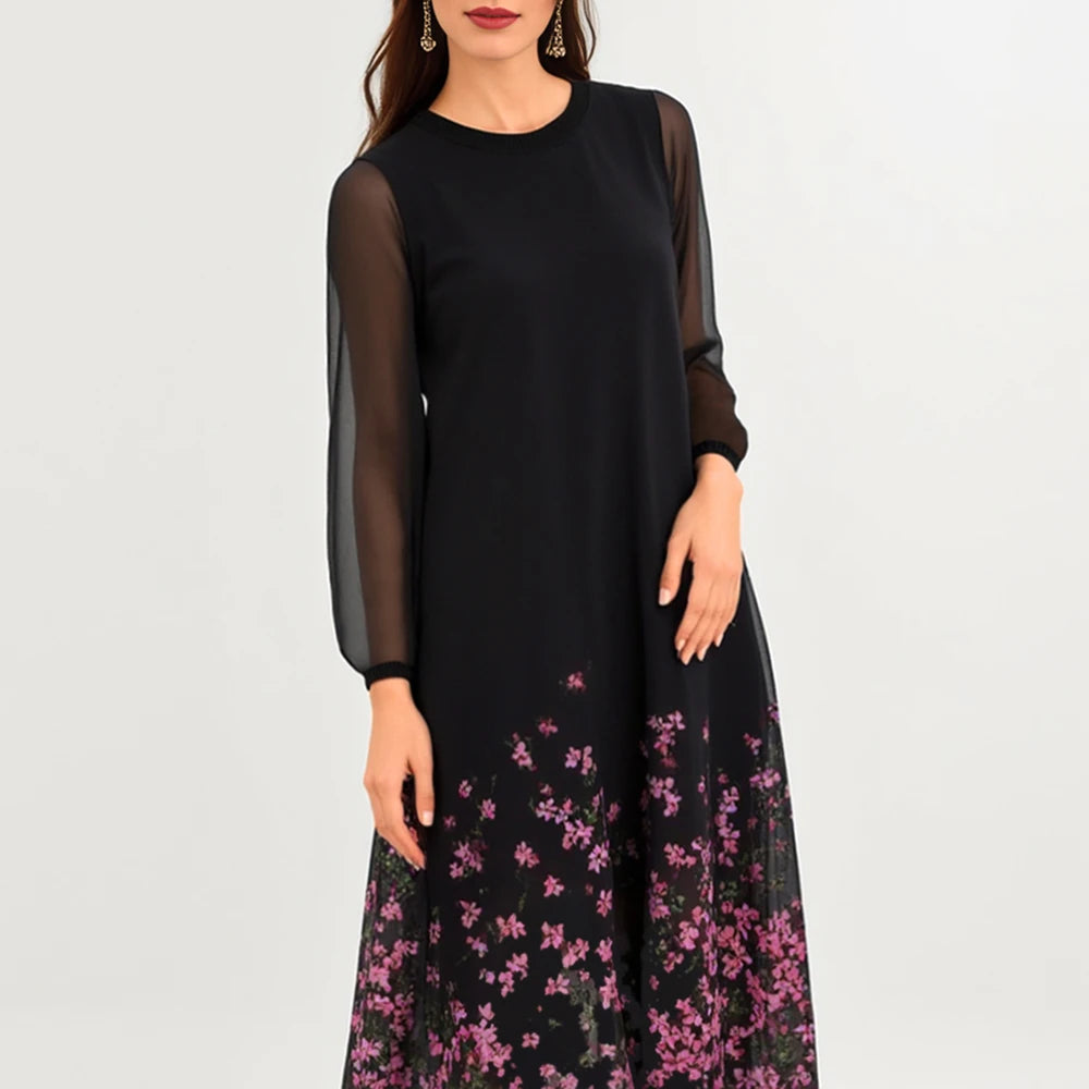 Rafiah Women's Dresses Summer Comfortable Elegant 2025 Ditsy Floral Hem Long Sleeve Round Neck A-Line Midi Vacation Dresses 0