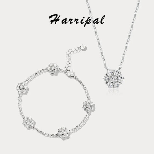 Flower Bracelets with Shiny Moissanite Sterling Silver Adjustable Wedding Anniversary Luxury Gifts Necklace Bracelet Jewelry Set