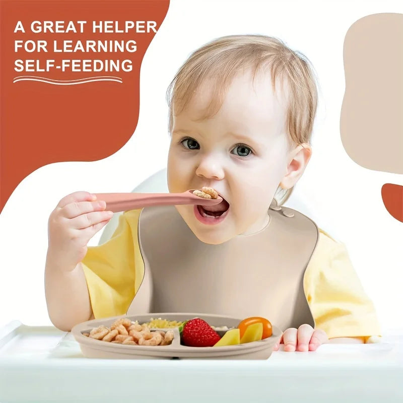 Silicone Baby Feeding Set Microwave Oven Safe for 0-3 Years Includes Suction Plate Soft Bowl Spoons Forks Bib Snack Cup