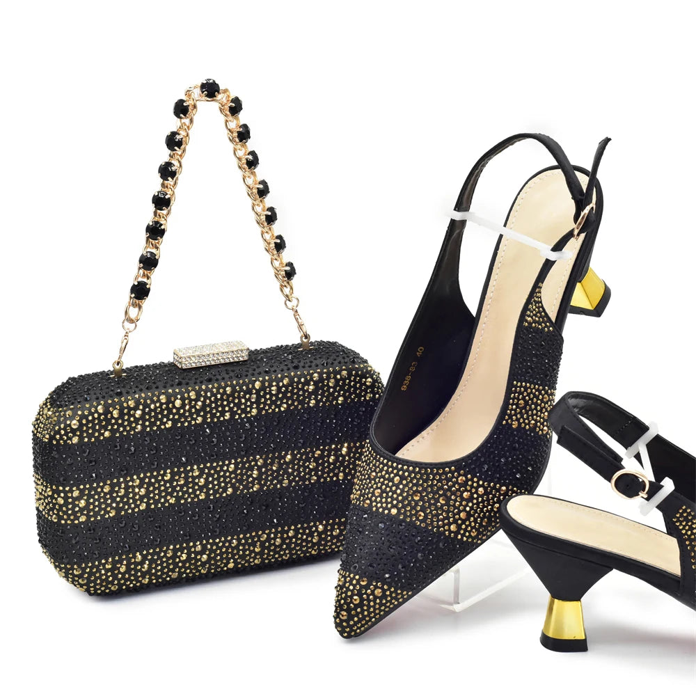 African Shoe and Bags Set for Wedding Women Shoes and Bags To Match Set with Rhinestone Italy Lady Pumps Women Shoes Luxury