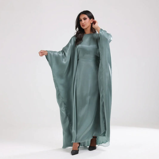 Ramadan Summer Batwing Sleeve Satin Butterfly Abaya Islam Muslim Maxi Dress Kebaya Women Kaftan Robe Musulmane Femme Vestidos