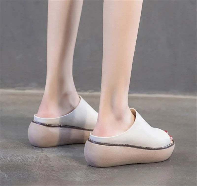 Women’s Genuine Leather Wedge Slippers – Handmade Summer Slides
