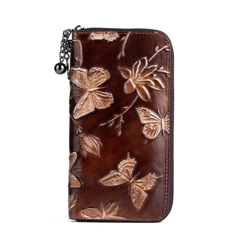 MOTAORA 2025 New Genuine Leather Women Wallet Vintage Embossed Long Purse For Women Hand Painted Butterfly Wallet ID Card Holder