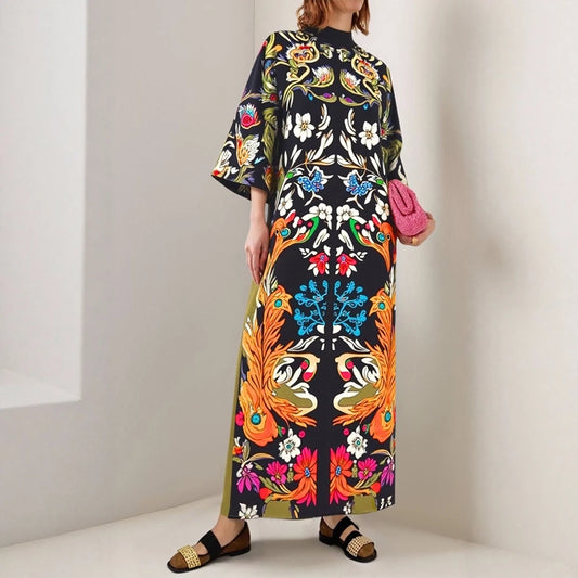 Rafiah Women's Arabian Dress Autumn Winter 2025 Women's Traditional Classic Full Print Long Sleeve Mock Neck Long Dress