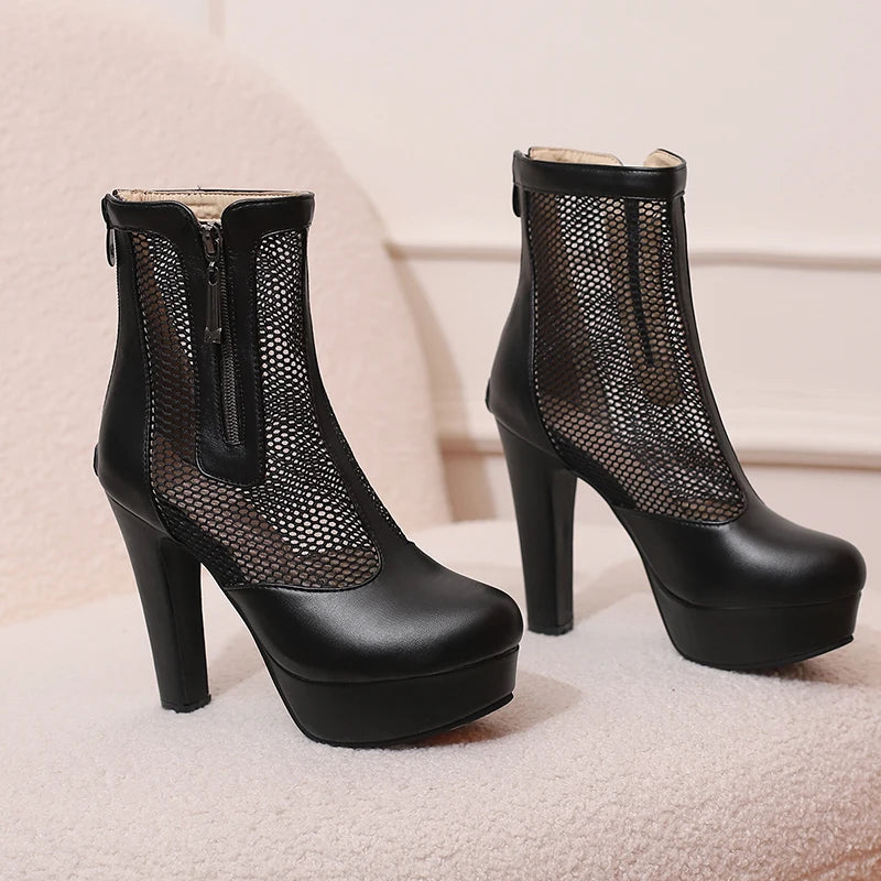 Women’s Summer Ankle Boots – Handmade Mesh + PU Leather – Closed Toe – Platform High Heel – Zip Up – Sizes 4.5–18