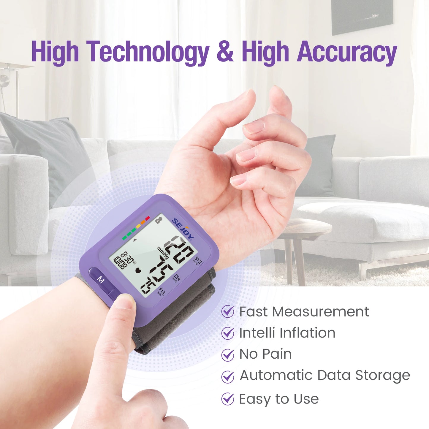 🩺 Sejoy Fully Automatic Wrist Blood Pressure Monitor,LED Display | 2 x 60 Memory | Home Use Sphygmomanometer