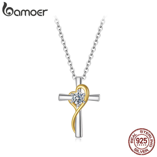 BAMOER Moissanite Cross Necklace Two-tones Gold Plated Pendant Necklace for Women 925 Sterling Silver Faith Jewelry