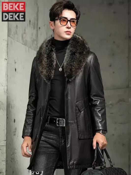 Men Luxury Business Winter Work Mid Long Thick Warm Down Coat Fur Collar Single Breasted Sheepskin Genuine Leather Jacket Trench