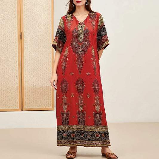 Rafiah Summer Women's Arabian Dress 2025 Indie Folk Traditional Appliques Contrast Color Short Sleeve V-Neck Evening Dress