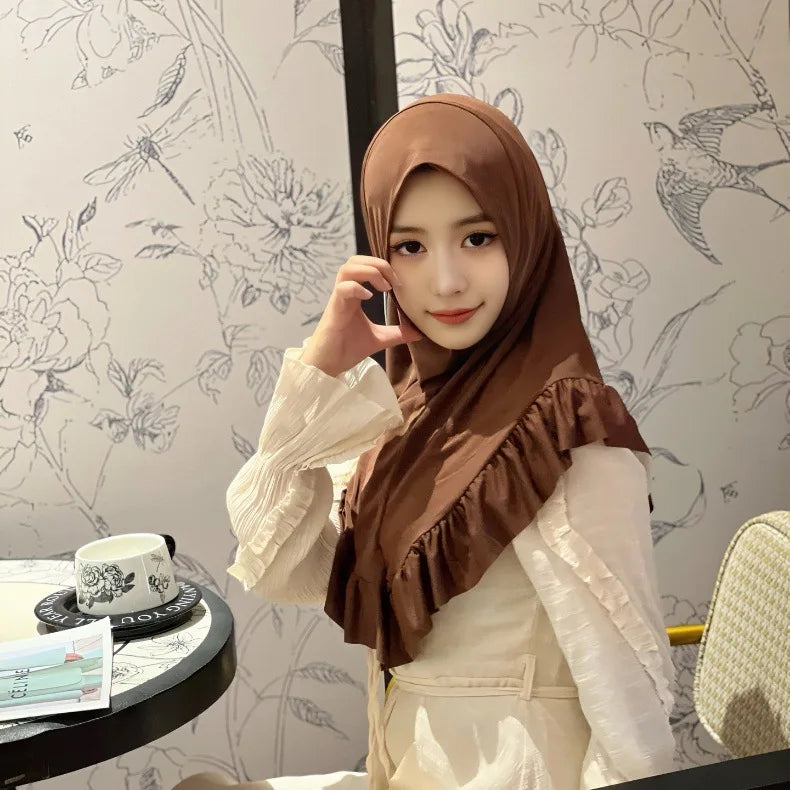 Muslim Hijab for Women Ruffle Turban Islamic Headwraps Arab Headband Big Khimar One Piece Scarf Shawl Solid Color