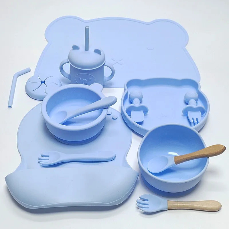 14pcs Silicone Baby Tableware Set Food Children Supplementary Bowl Baby Dinner Plate Fork Spoon Bib Non-slip Bowl Drop-proof Bow