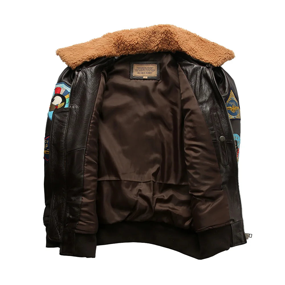 Top Gun Genuine Cowhide Leather Jacket with Wool Collar – Embroidered Unisex Motorcycle Coat