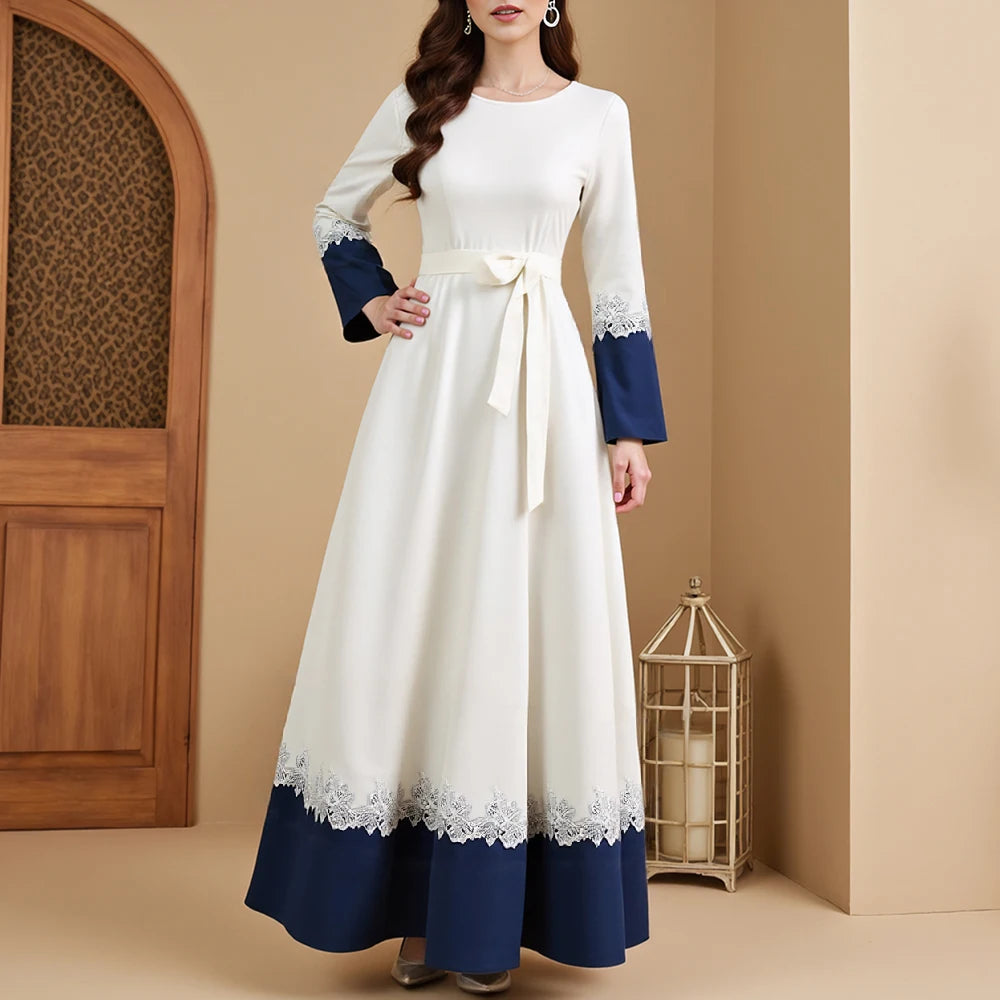 Rafiah Summer Long Dresses 2025 Casual Elegant Patchwork Lace Long Sleeve Crew Neck Midi A-Line Evening Dresses For Women