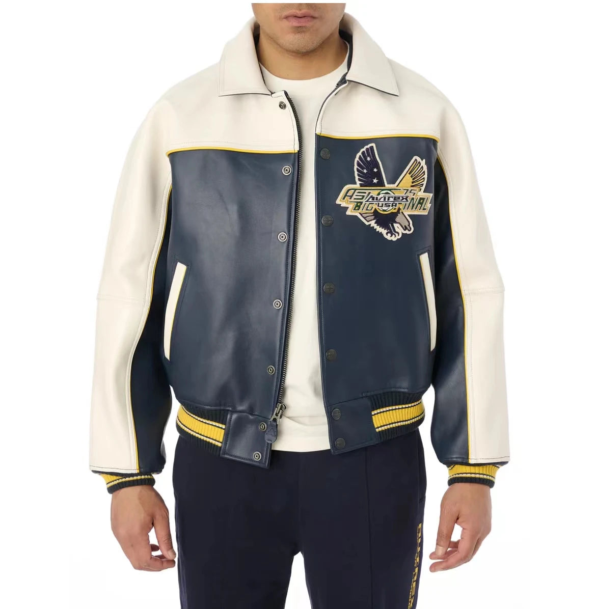 New Release AVIREX European Antique Sheepskin Jacket Genuine Leather Jacket men's Tops  TRACK SOCCER JACKET color combination