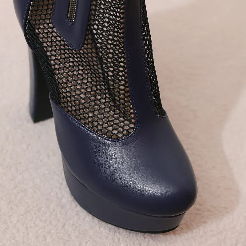 Women’s Summer Ankle Boots – Handmade Mesh + PU Leather – Closed Toe – Platform High Heel – Zip Up – Sizes 4.5–18