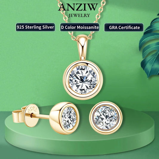 Anziw 925 Silver Set 2ct Moissanite Pendant Necklace 1ct 0.5ct Stud Earrings 18K Gold Plated Jewelry Sets for Women Wedding Gift