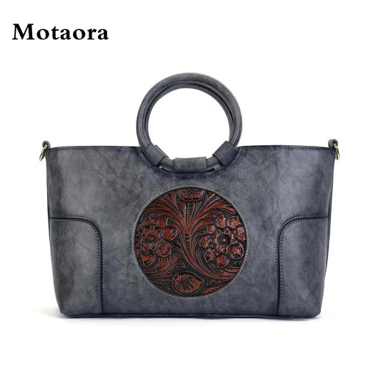 Vintage PU Leather Women's Handbag – Embossed Totem Crossbody Bag with Top Handle, Retro Clash Color & National Style Mom Purse