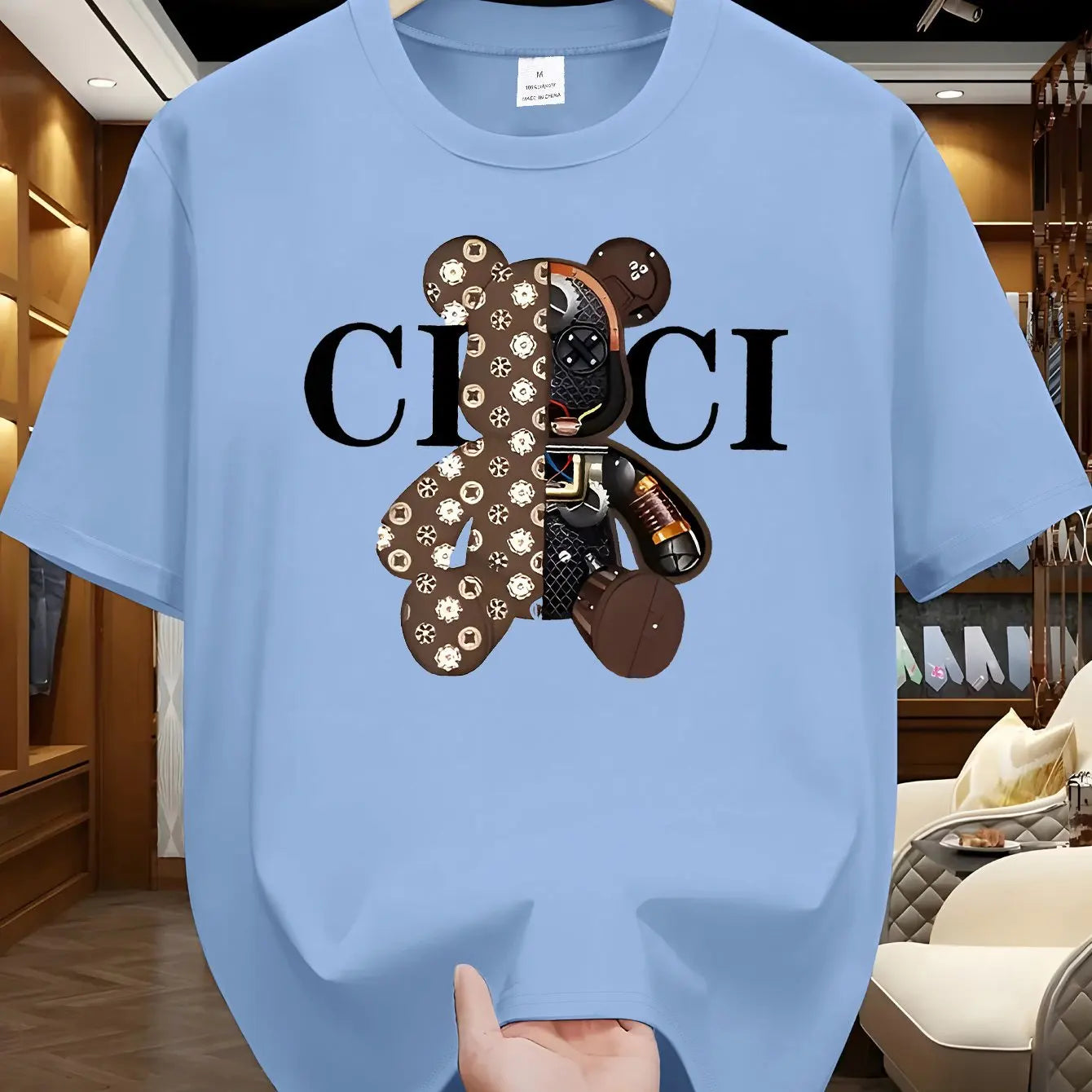 Men's summer 100% pure cotton fashionable casual loose brown mechanical bear cartoon printed round neck short sleeved T-shirt
