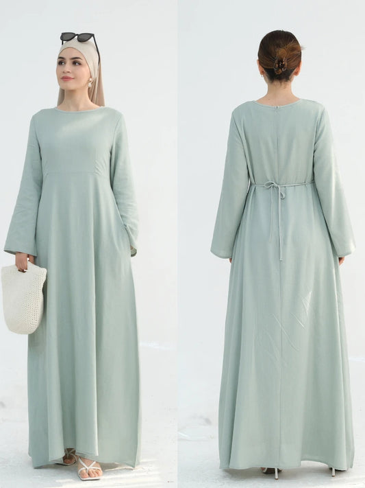 2025 Linen Pink Abaya Eid Ramadan Modest Maxi Dress Solid Color Robe Arabe Elegant Women Muslim Dresses Caftan Marocain Femme