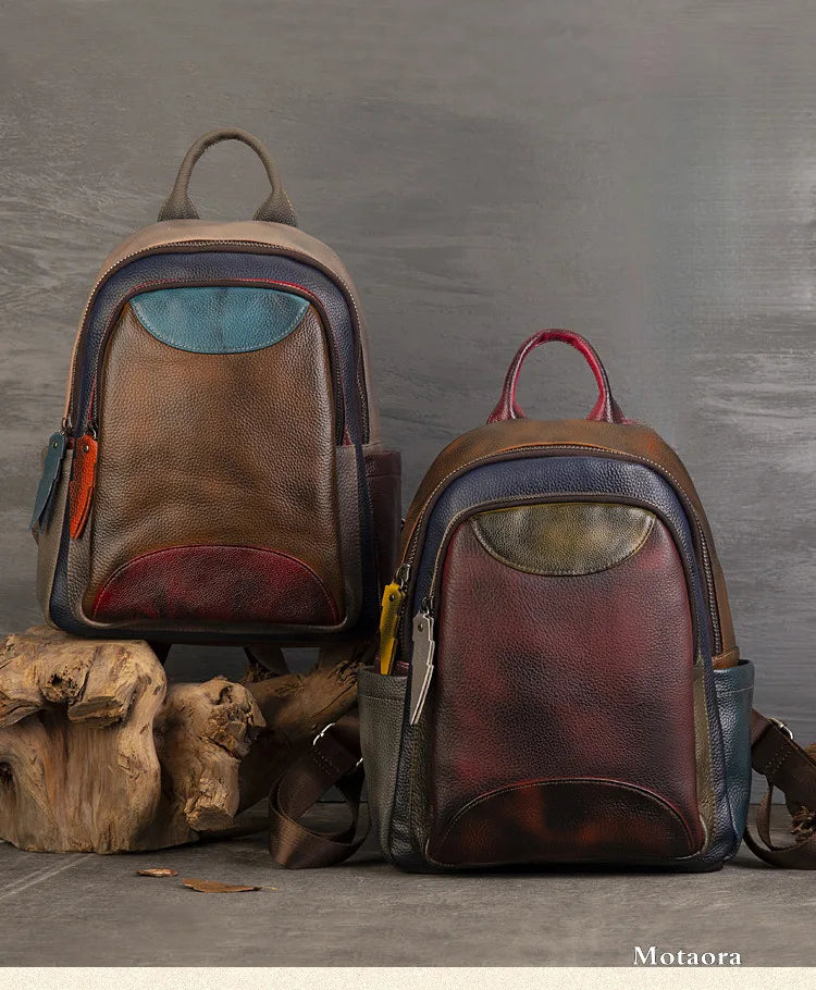 MOTAORA 2025 Soft Cowhide Leather Backpack Large Capacity Two-Tone Spliced Hand Painted College Student Travel Hiking Casual Bag