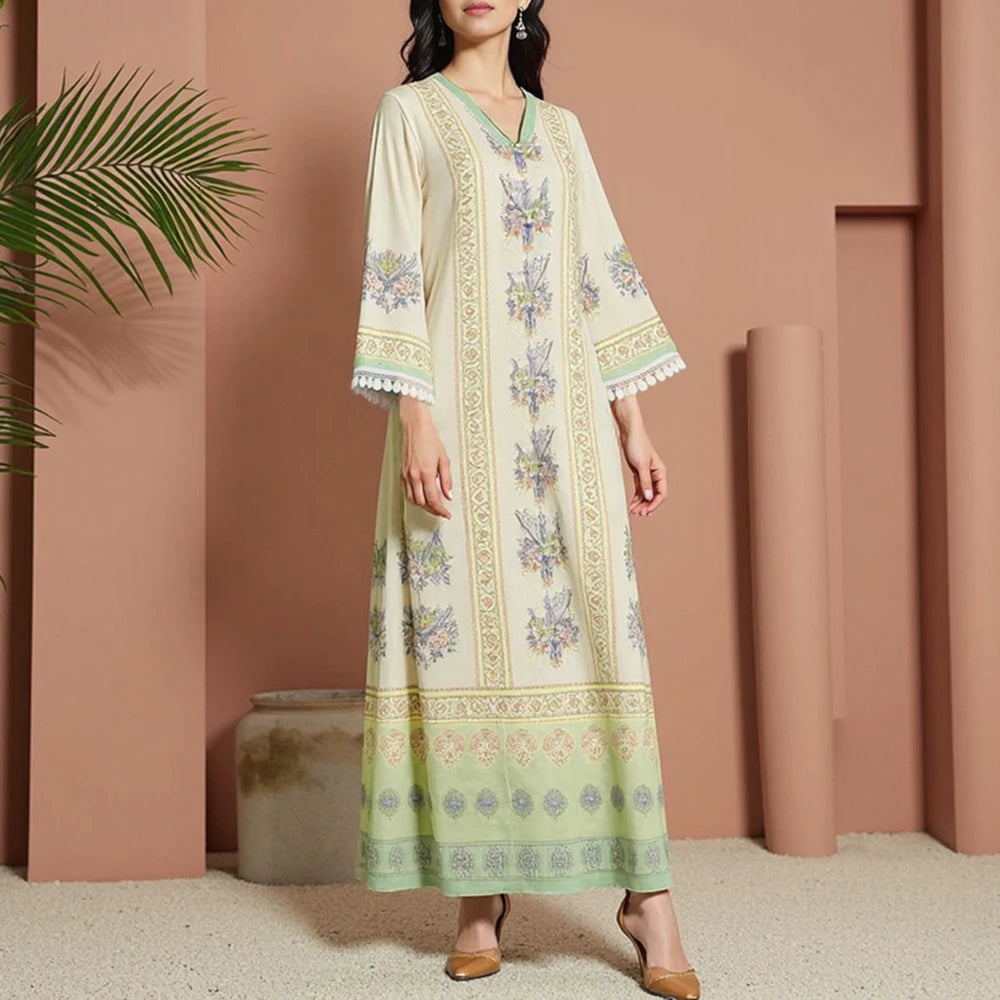 Rafiah Women's Summer Arabian Dress 2025 Classic Sophisticated Tassel Long Sleeve V-Neck Maxi Casual Shift Dresses