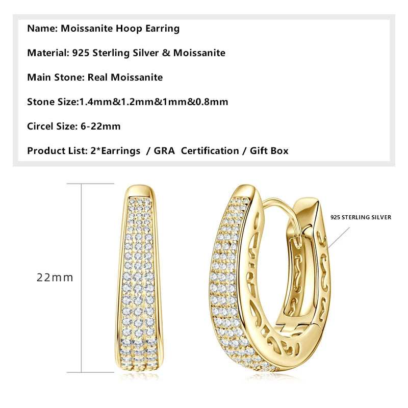 Lnngy GRA Certified 0.86CTW. Moissanite Hoop Earring Trendy 925 Sterling Silver Earrings For Women 18k Gold Plated Jewelry