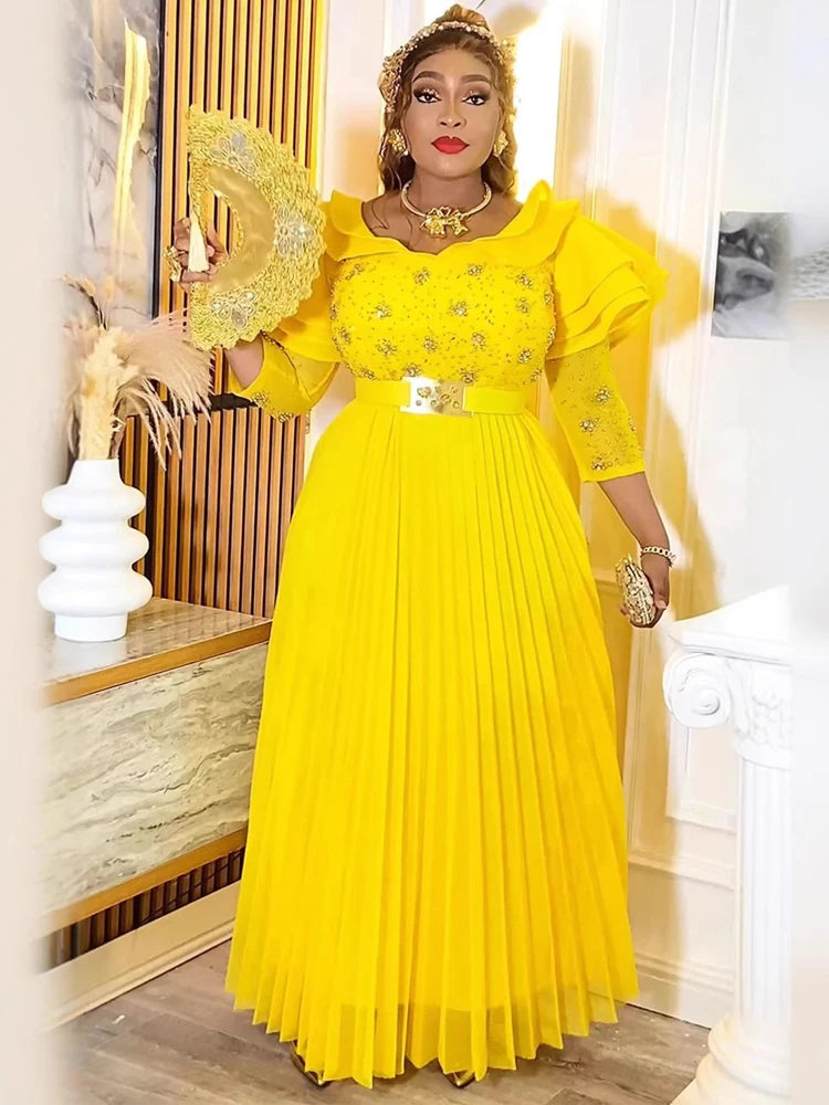 2025 Spring Long Dresses For Women Party Evening Gown African Dashiki Diamond Pleated Maxi Robe Dubai Turkey Kaftan Clothing