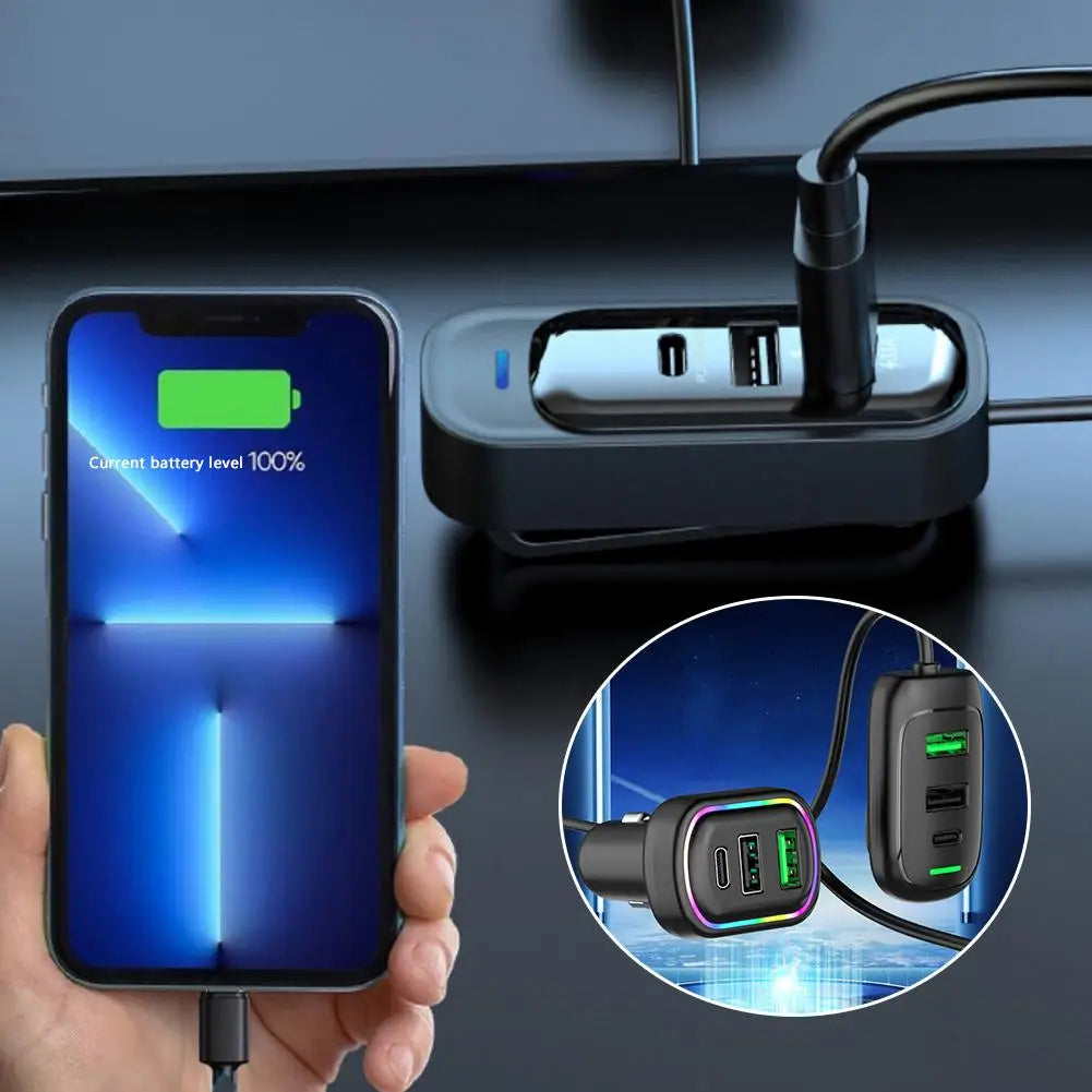 6-Ports USB Type-C Front And Rear Extension Car Charger With RGB Light PD Fast Charging Power Adapter For Iphone Tablet