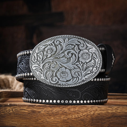 Men & Women-Western-Cowboy-PU Leather-Belts - Vintage horse Belt Floral Engraved Buckle Belt for Jeans
