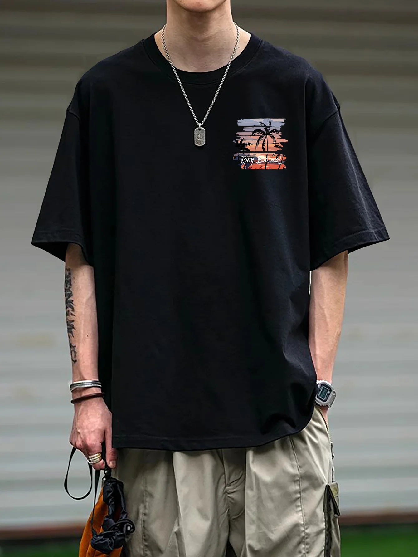 Men's 100% Cotton Casual Palm Tree Printed Short Sleeve T-Shirt