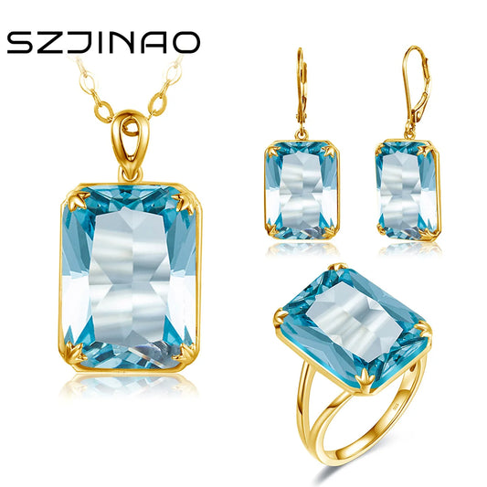 Classic Jewelry Sets for Women 18K Gold Plated Aquamarine Ring Earrings Pendant Silver 925 Anniversary Wedding Quality Gifts