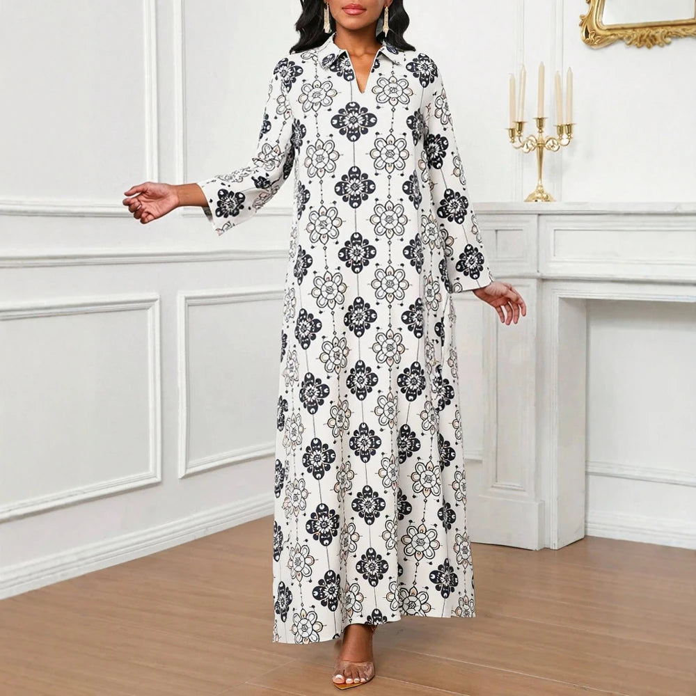 Rafiah Women's Summer Long Dress 2025 Arabian Dress Elegant V-Neck Long Sleeve A-Line Maxi Full Print Casual Dress