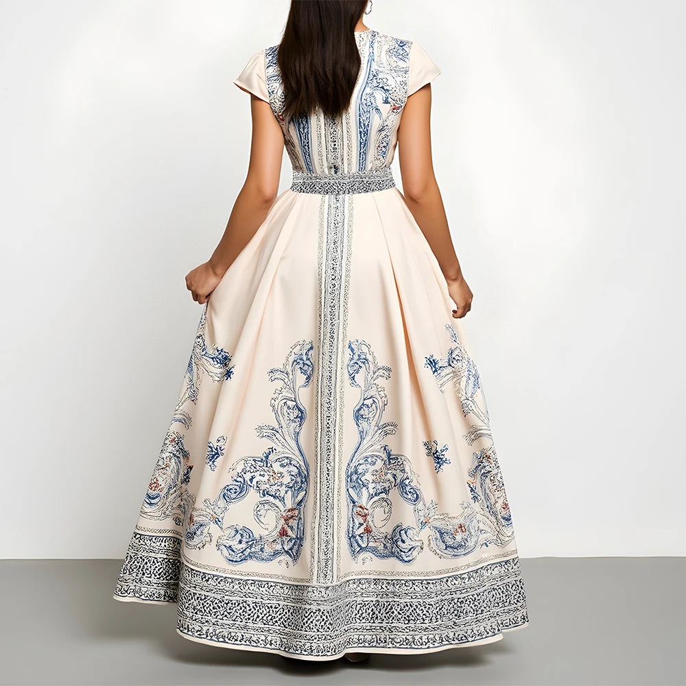 Rafiah Women's Summer Dress Modest Elegant Lace-Up Graphic Printing Cap Sleeve Sweetheart Neck Mixi Dating Arabian Dress