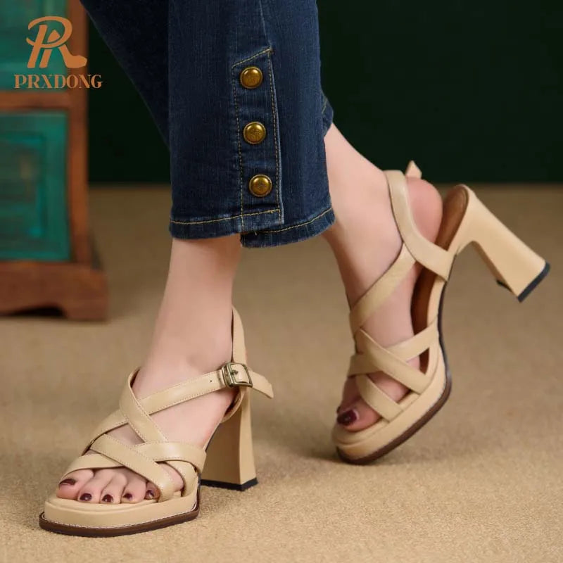 GrabliWorld Women's Genuine Leather Chunky High Heel Platform Sandals Black Beige Size 39