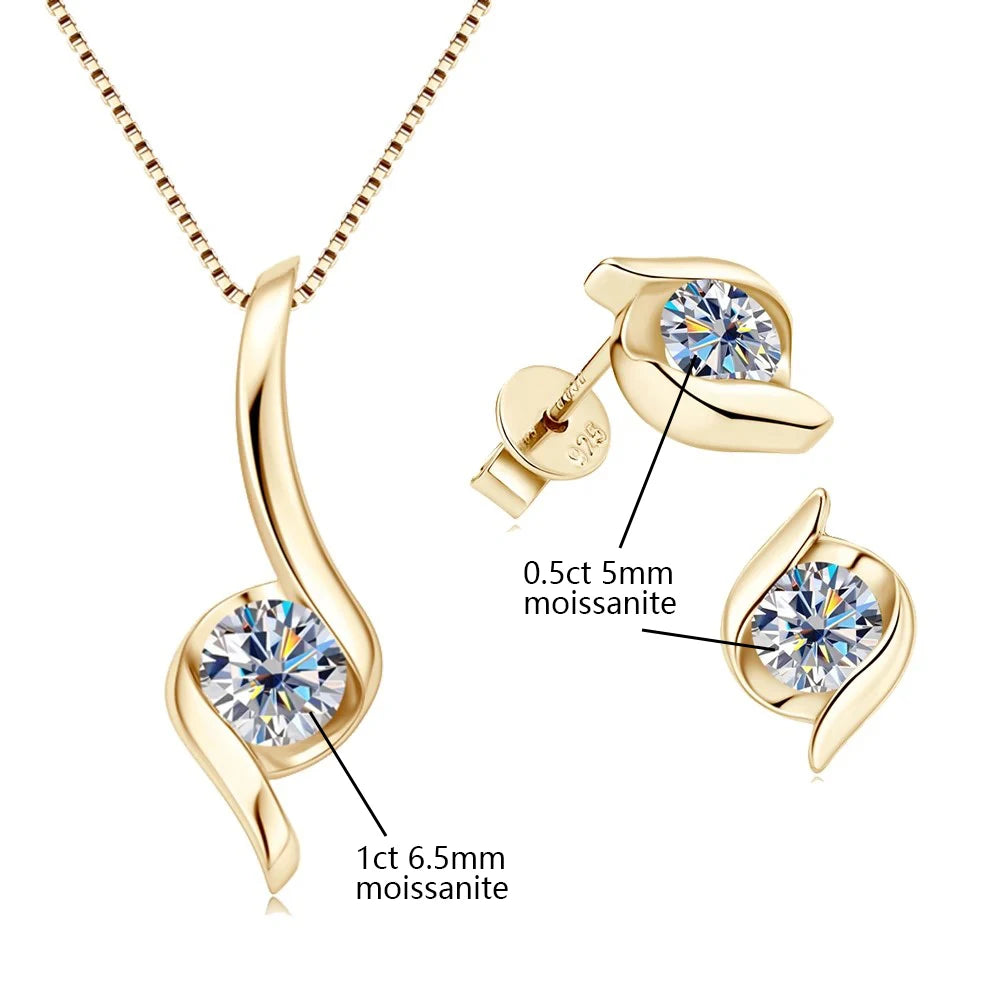 Sterling Silver 925 Real Moissanite Jewelry Set for Women 2.0ctw D Color Lab Diamond Stud Earrings Pendant Necklace Sets Gift