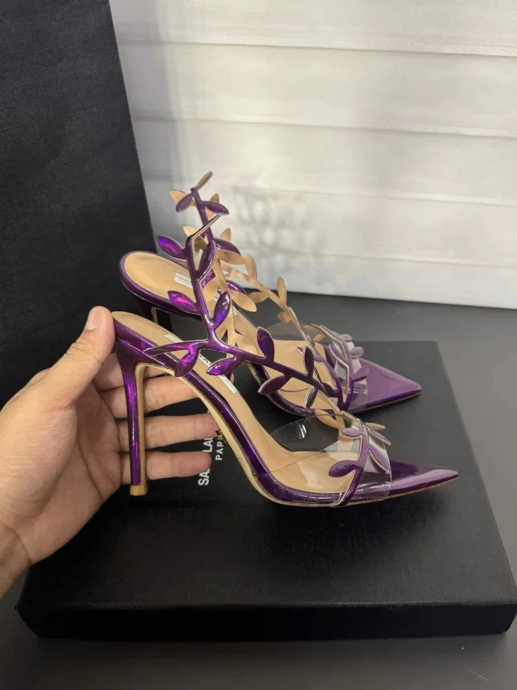 Gold High Heels Women 2025 Summer New Metal Patent Leather Leaf Thin Heel Pointed Open Toe Purple Sandals