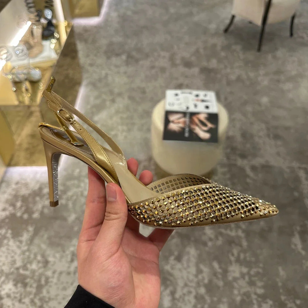 Luxury Rhinestones Sequined Buckle Women Pumps Elegant Pointed toe Slingbacks Stiletto High heels Spring Summer Fashion Shoes