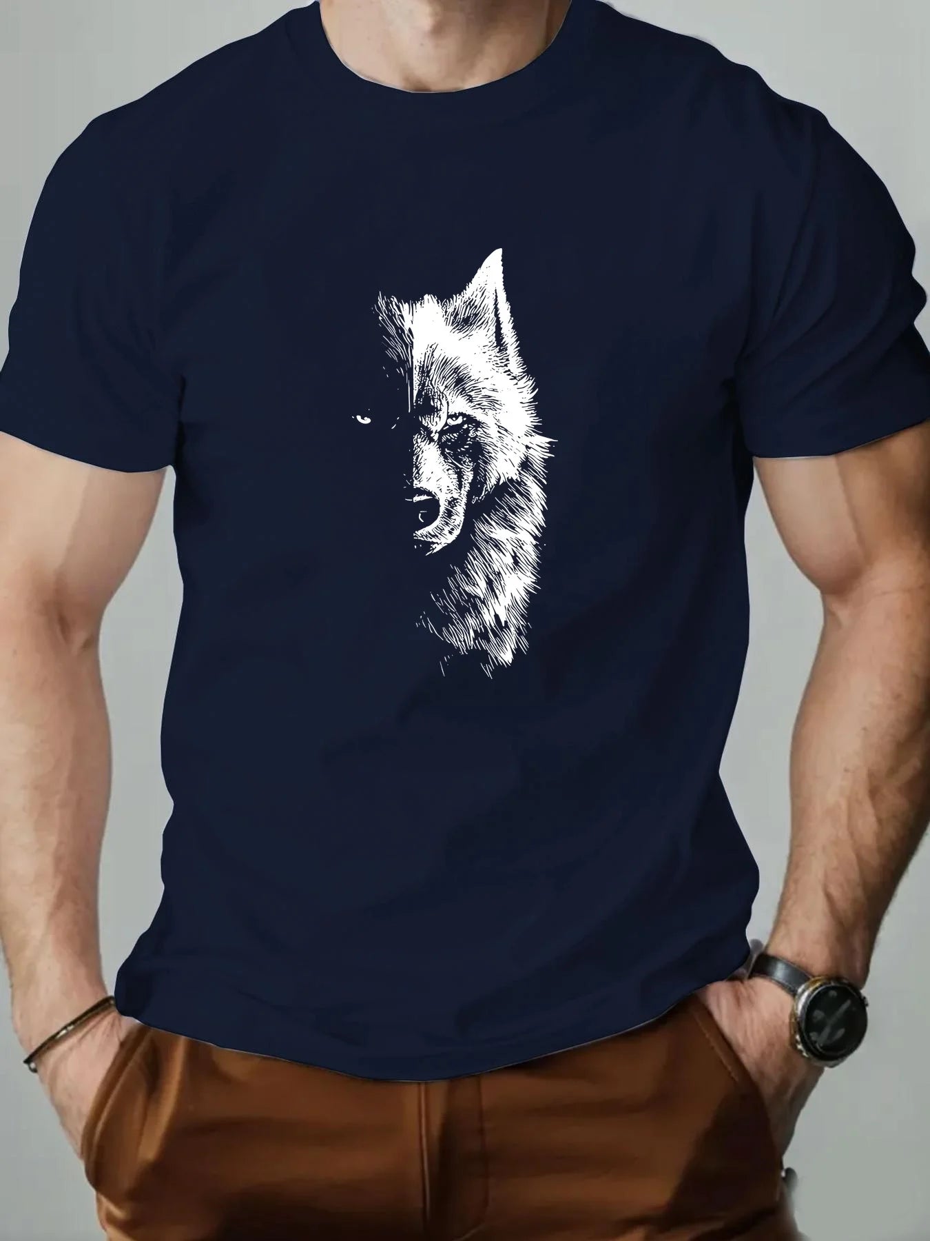 🐺 Men’s Summer 100% Cotton Casual T-Shirt,Half Wolf Pattern Print | Loose Fit | Round Neck | Breathable Comfort