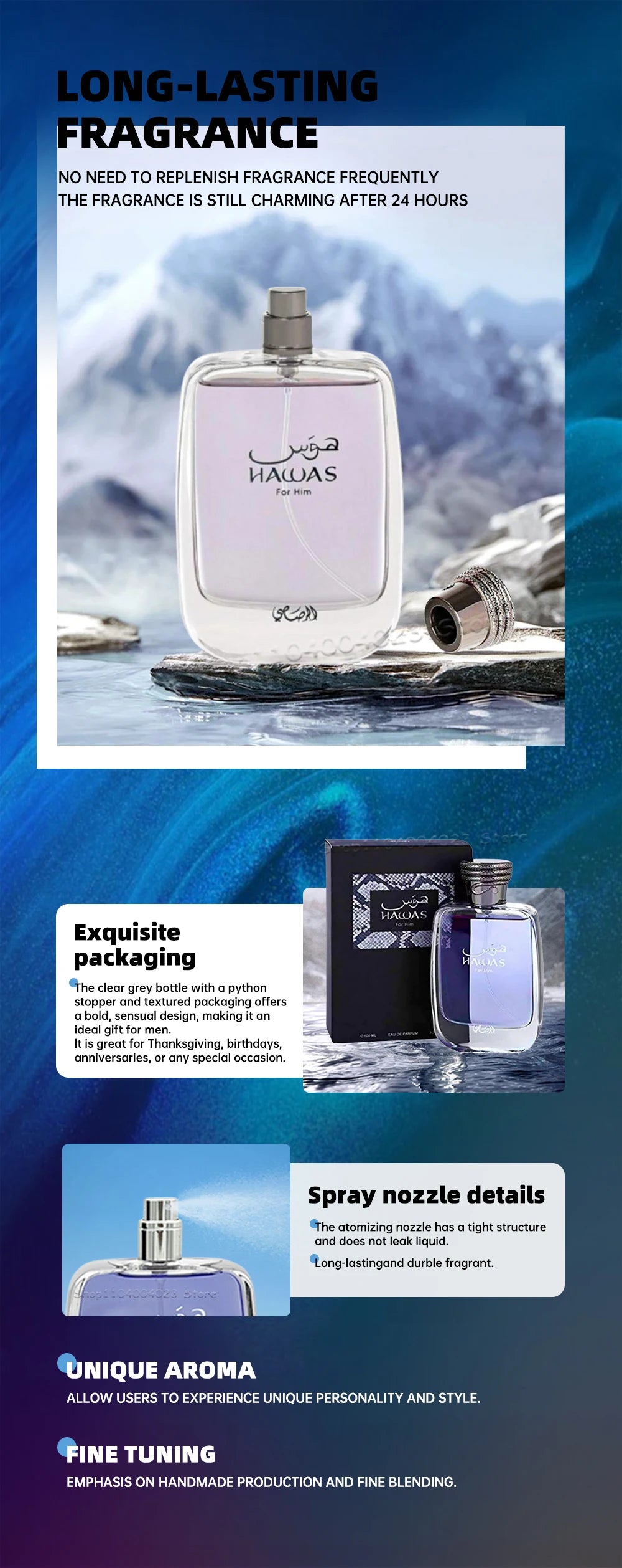 100ML Rasasi Hawas For Him EDP Long-Lasting Aquatic Scent Pour Homme Spray Original Arabic Perfume For Men Marine Aromatic Notes