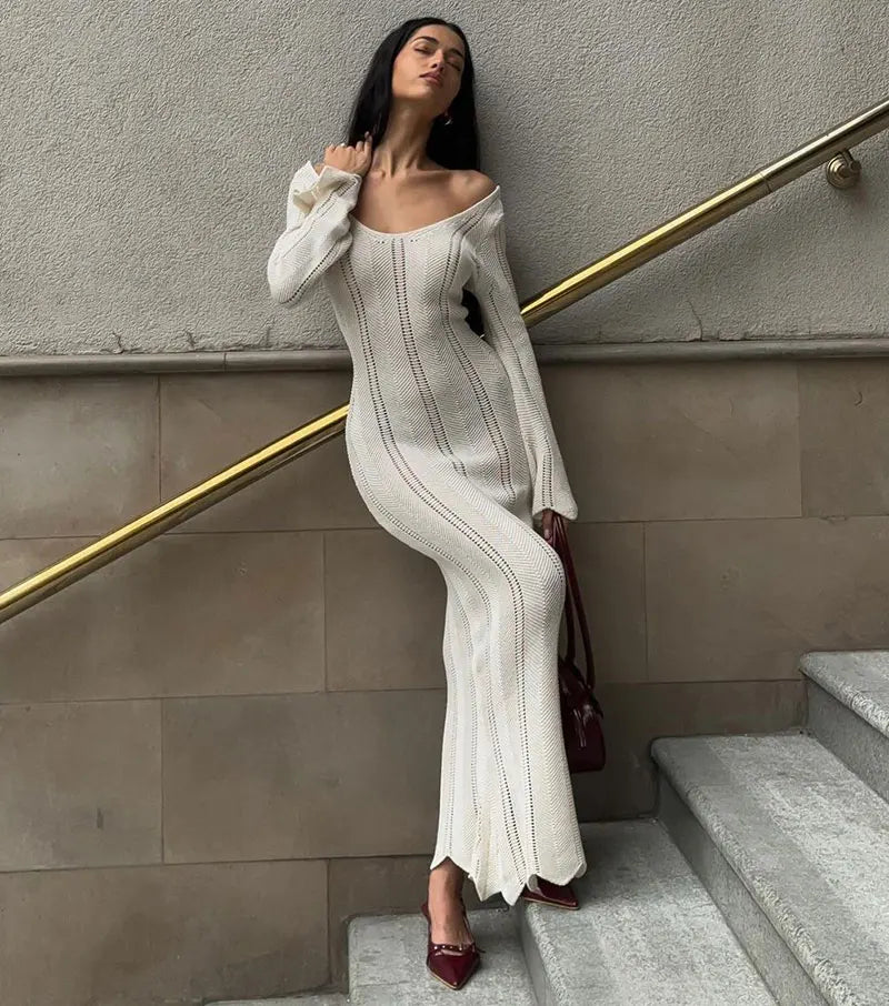 Knitted Hollow Out Maxi Dress – Women's Long Sleeve Off Shoulder Slim Fit.White/Black